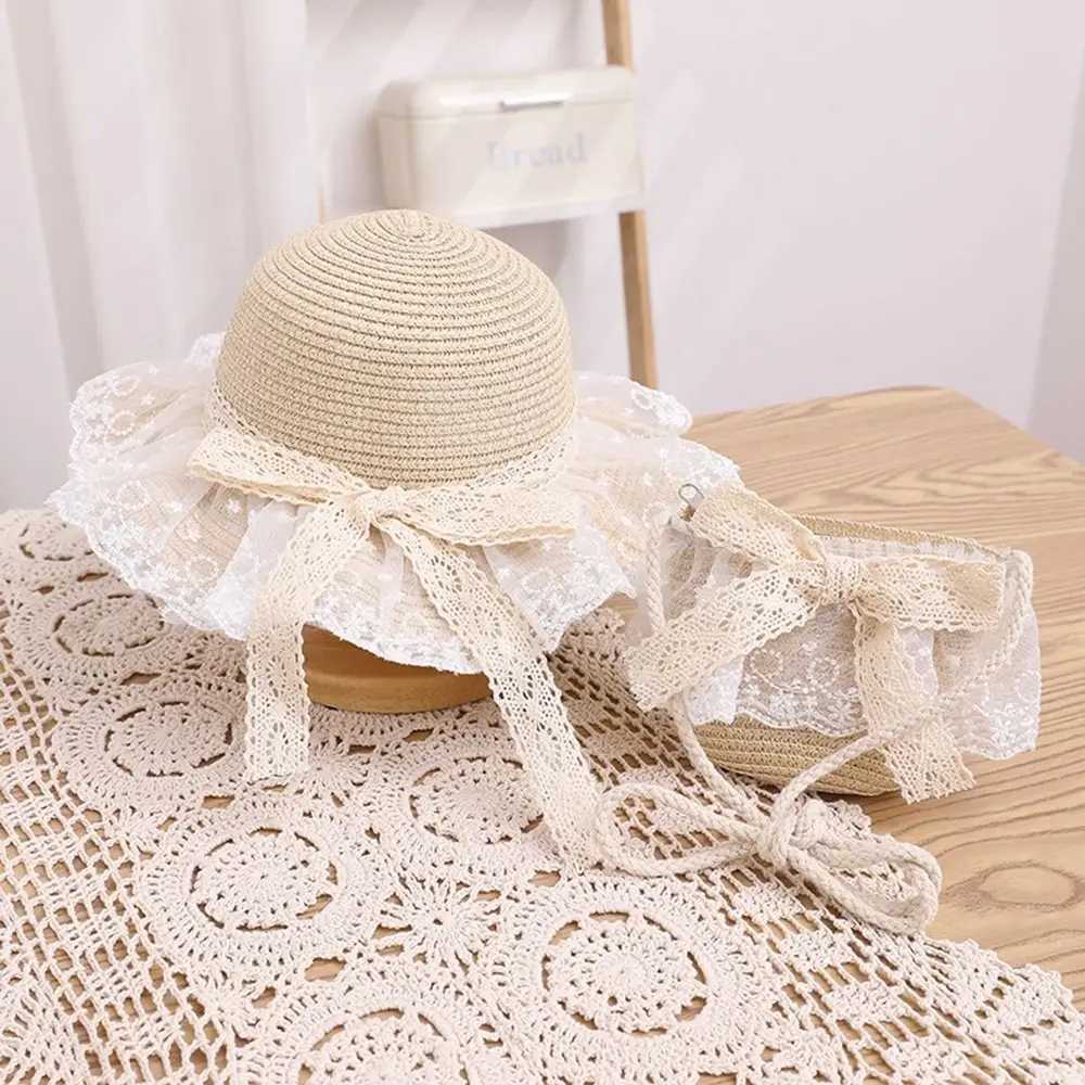 New straw hat wide Brim lace beach bucket hat fashionable bow grass hat baby bag W250217