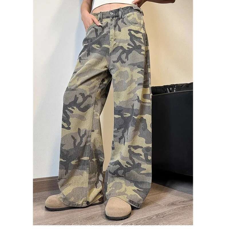 Camouflage Women Hip Hop Vintage High Waisted Jeans Straight Streetwear Casual Loose Large Size Wide Leg Denim Pants