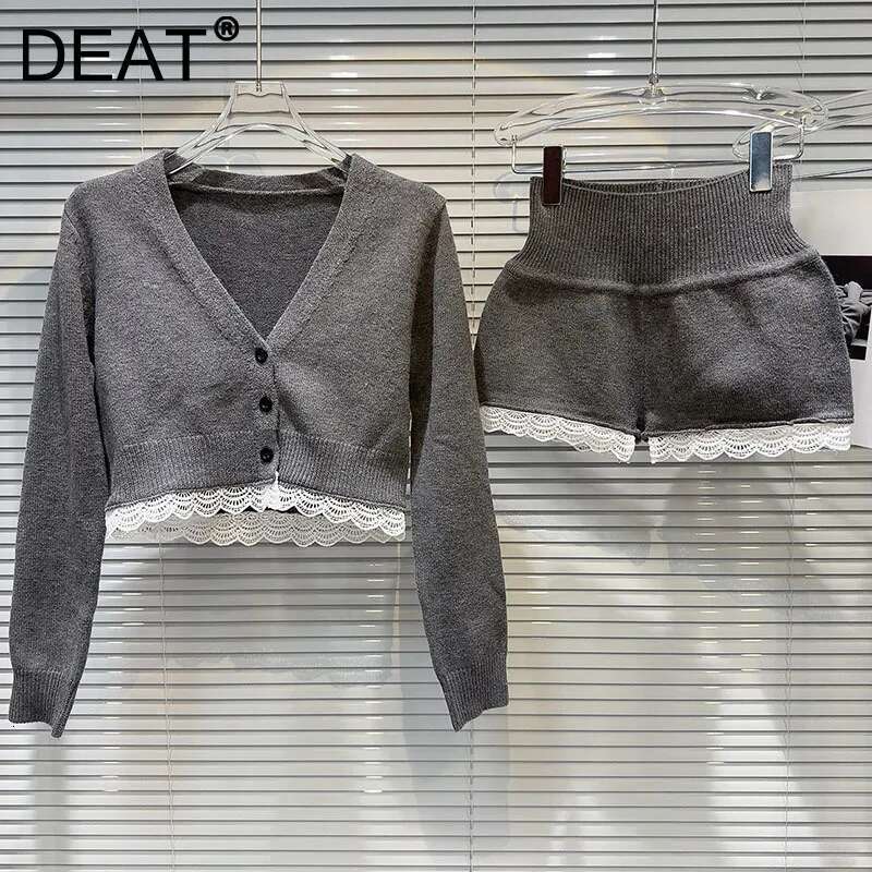 DEAT 2024 Autumn New Item Fashion Women's Two-Pieces Set Lace Patchwork Knit Cardigan Short Jacket Elastic Waist Shorts 11A0916