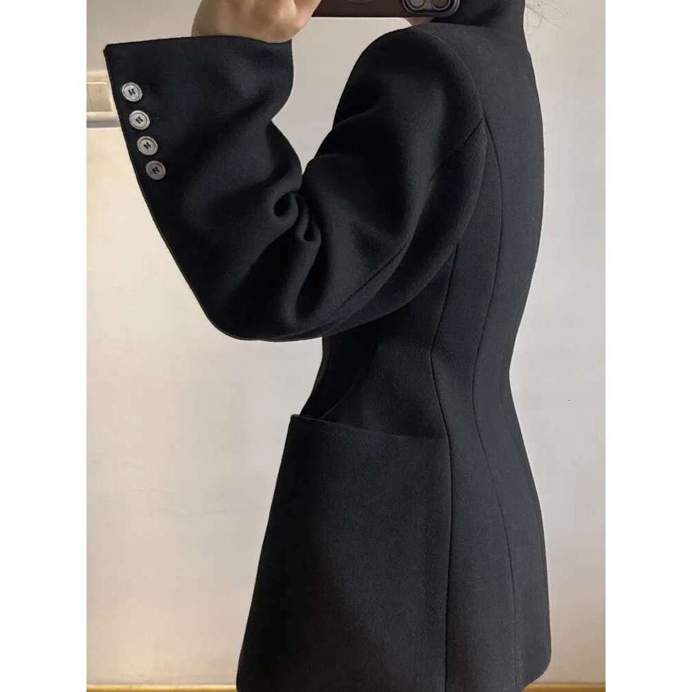 High-End Black Woolen Blazer For Women V-Neck Covered Button Double Pockets Design Gathered Waist Coats Elegant