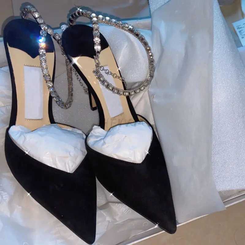 2023 Kmeioo Elegant Wedding Shoes Wan Ankle Strap Sandals Jewel Thin H Brideshoes Pointed Toe High H Slingback Pumps Y250211