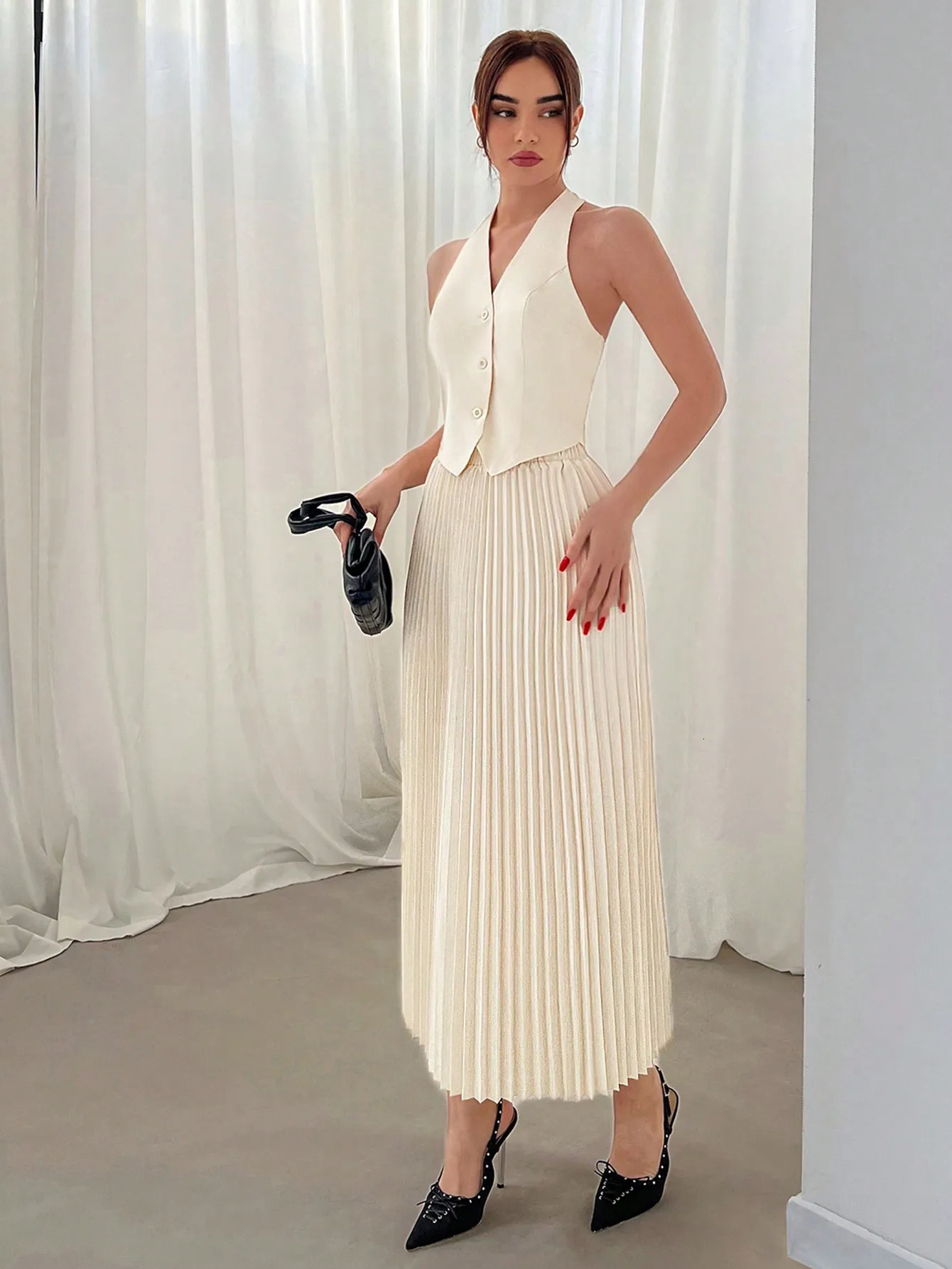 Summer suit vest single breasted skirt lapel top fashion pleated 250214