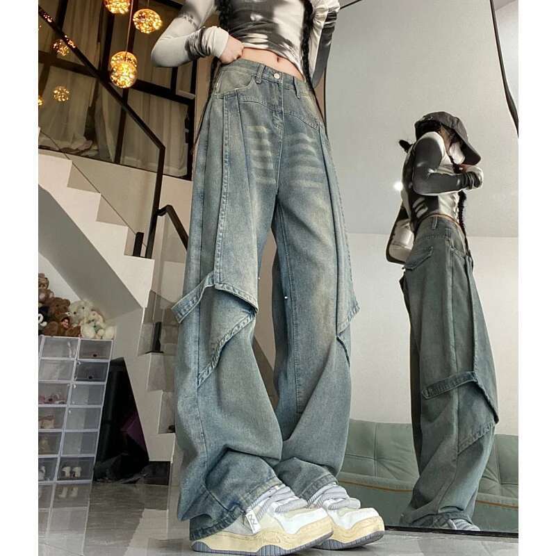 Blue Women Jeans Vintage High Waist Chic American Fashion Y2k Streetwear Wide Leg Jean Female Trouser 2023 NEW Baggy Denim Pants