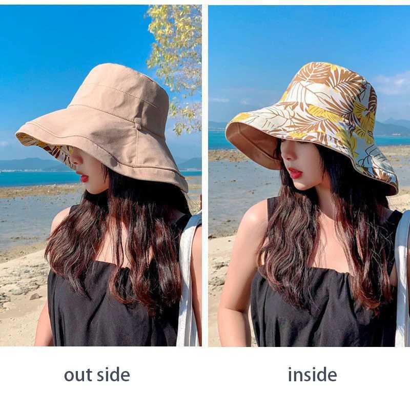 Reversible Foldable Cotton Sun Hat for Women Summer Wide Brim UV Protection Panama Beach Bucket Hat Ladies Girls Outdoor Sea Hat W250217
