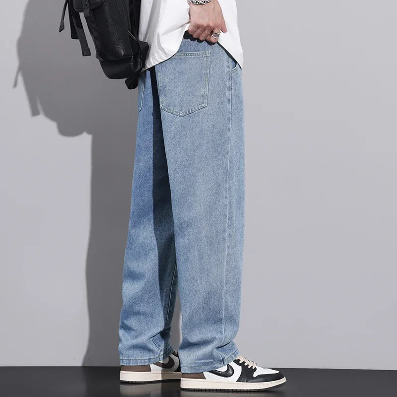 Men Dark Blue Stretch Elastic Waist Denim Pants Streetwear Loose Full Length Trousers Straight Wide Leg Drawstring Jeans 250214