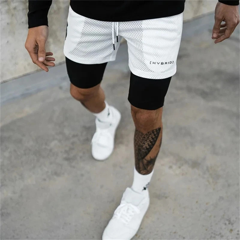summer mesh Sports Shorts Men Doubledeck Jogging Running 2 IN 1 Mens GYM Fitness Workout Short Pants Man 250217