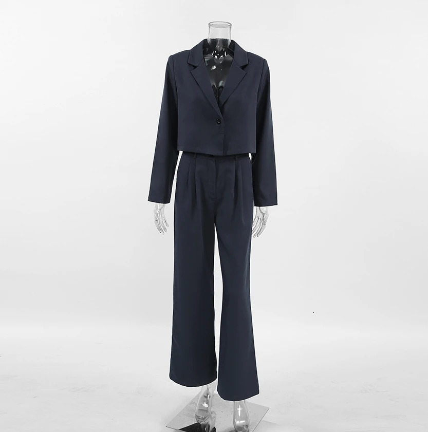 Black Collar Long Sleeved Short Suit Casual Loose High Waisted Elastic Band Long Pants Classic Professional Suit for Women 250210