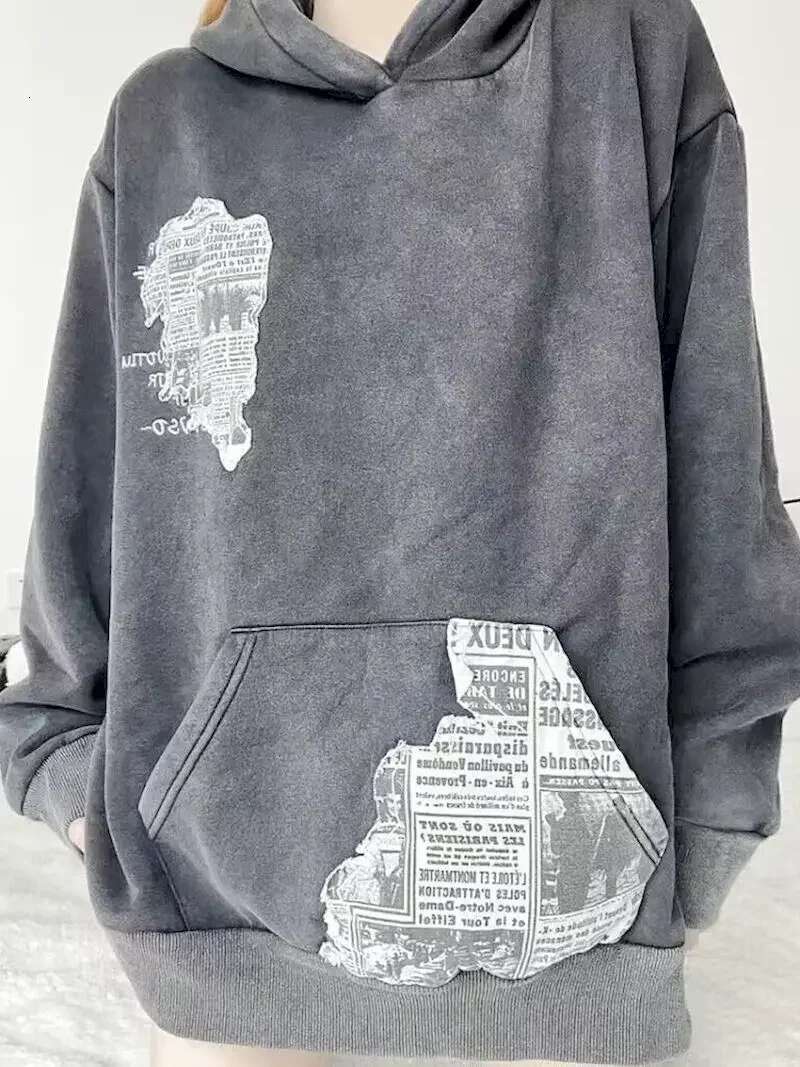 Oversized Hoodies Women Washed Old Newspaper Patchwork Hooded Coats Autumn Winter Trend Men's Women's Street Vintage Hoodie Y2k