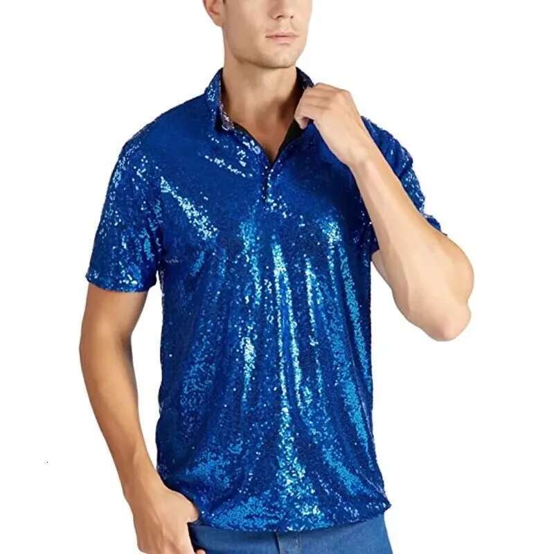 Gold Sequin Polo Shirt for Men Designer Fashion Shiny Short Sleeve Disco Cosplay Top Summer Christmas Stage Dance Costume