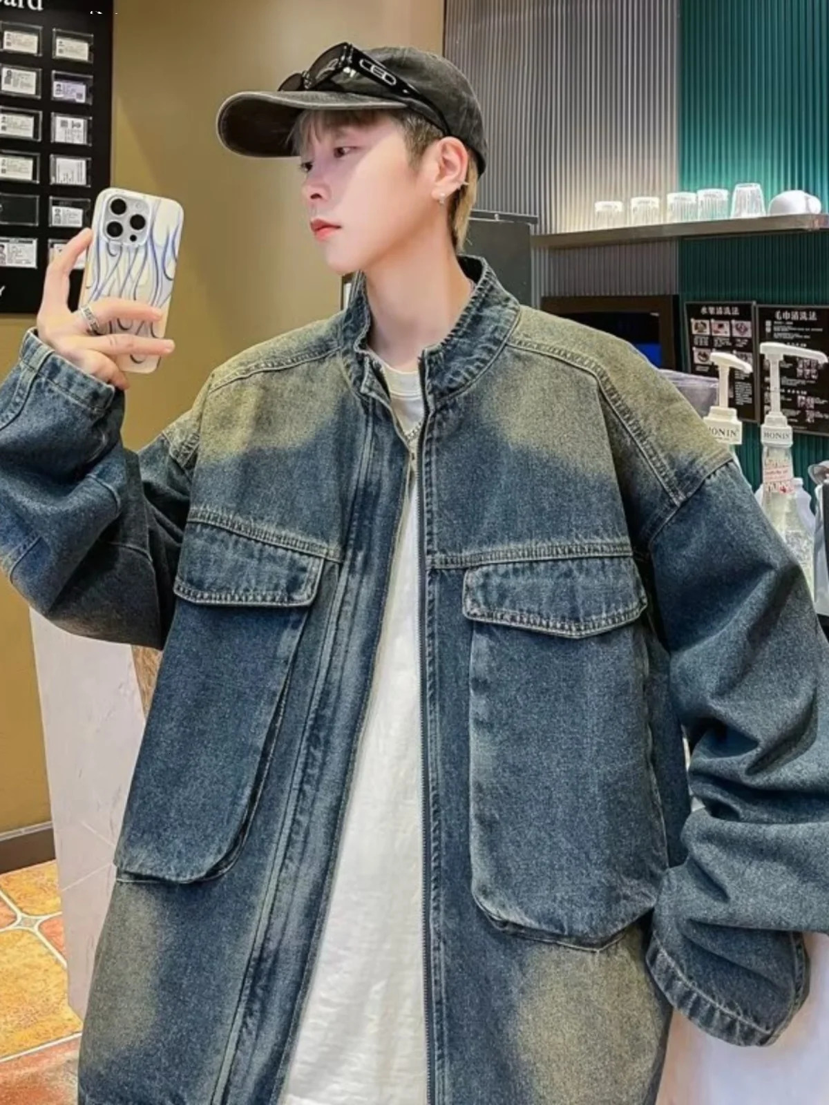 Retro Loose Large Pockets Cargo Denim Jacket For Men Spring Trendy Stand Up Collar Casual Zippered Jeans Top 250212