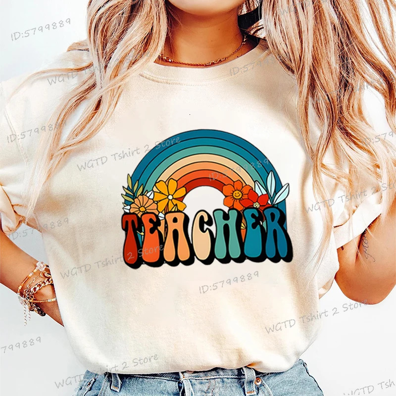 Retro Rainbow Teacher Print T-Shirt Teachers Day Casual Crew Neck Tee Rainbow Flower Shirt n Teacher Life Vintage T Shirts 250217