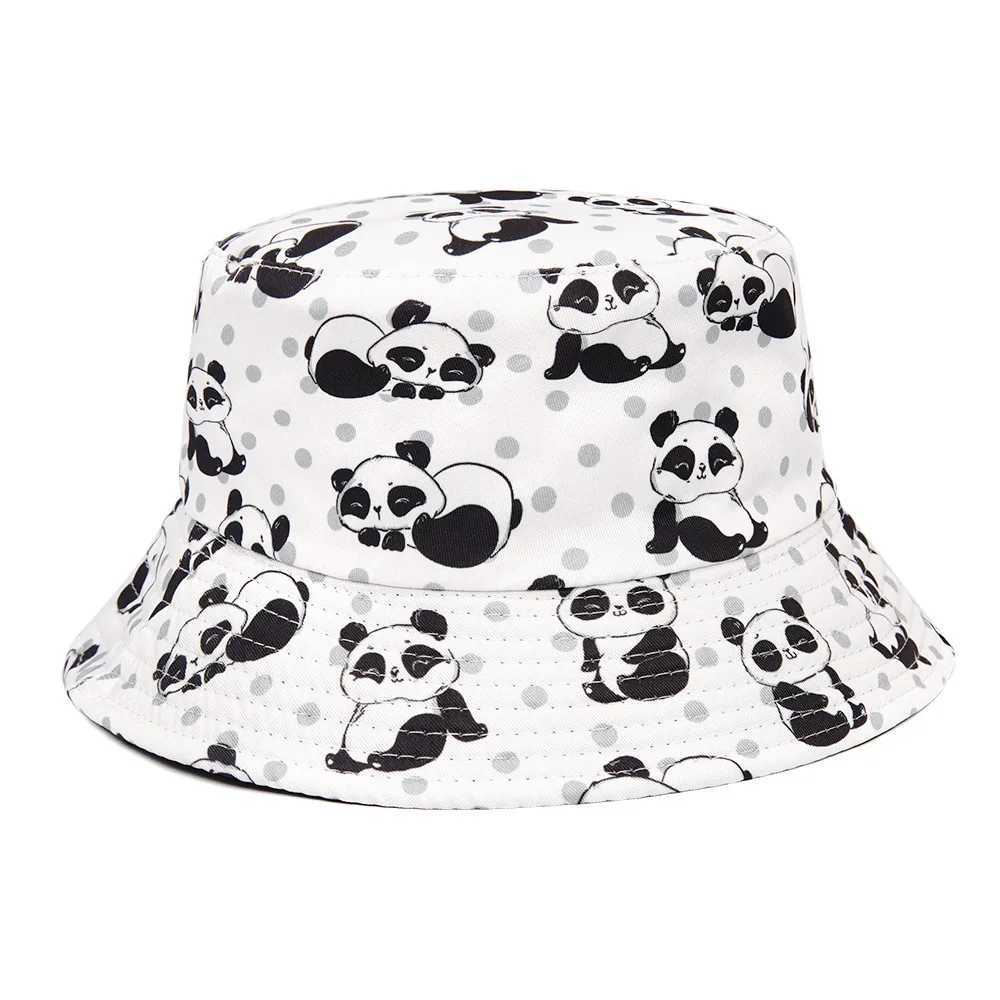 New Cartoon Panda Print Hat Childrens Fashion Versatile Sunscreen Sunshade Fishing Bucket Hat Double sided Bowl Cap W250217