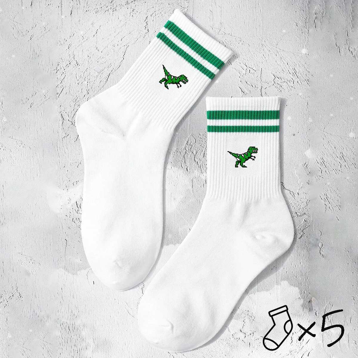 Mens and womens green striped cartoon dinosaur cute and comfortable socks breathable sweat absorbing deodorant crew socks W250217
