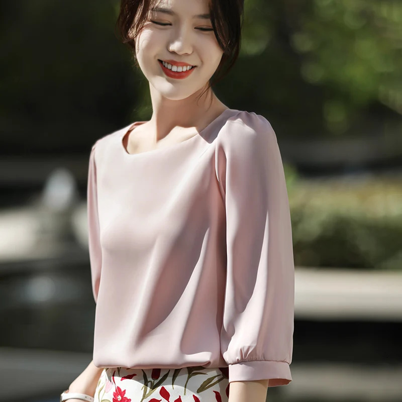 Summer Female T-shirts Three Quarter Sleeve Women Square Collar Solid Color Fashion Tees O-Neck Casual Loose T Shirt Oversized 250217