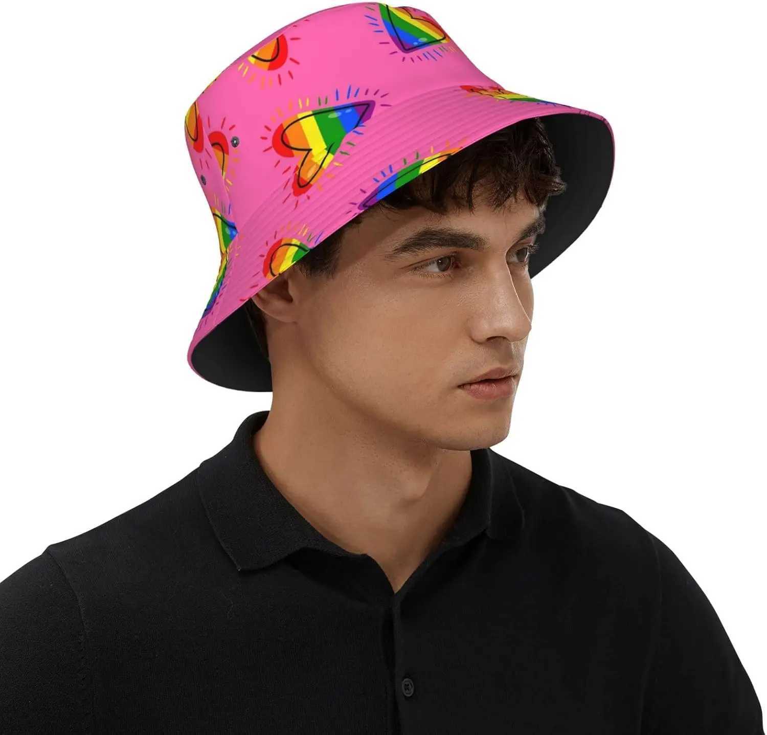 Gay bisexual bisexual and bisexual proud womens bucket hat summer rainbow heart printed hat packaged sun hat womens outdoor hat W250217