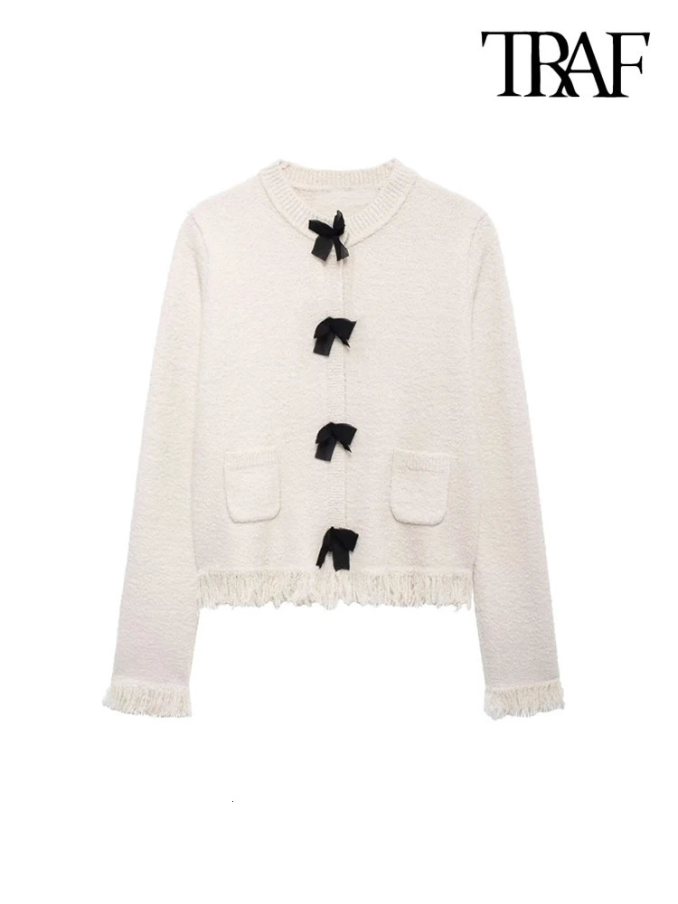 TRAF Women Fashion With Bows Frayed trims Knit Cardigan Sweater And High Elastic Wasit Skirts Female Two Piece Sets Mujer 250214