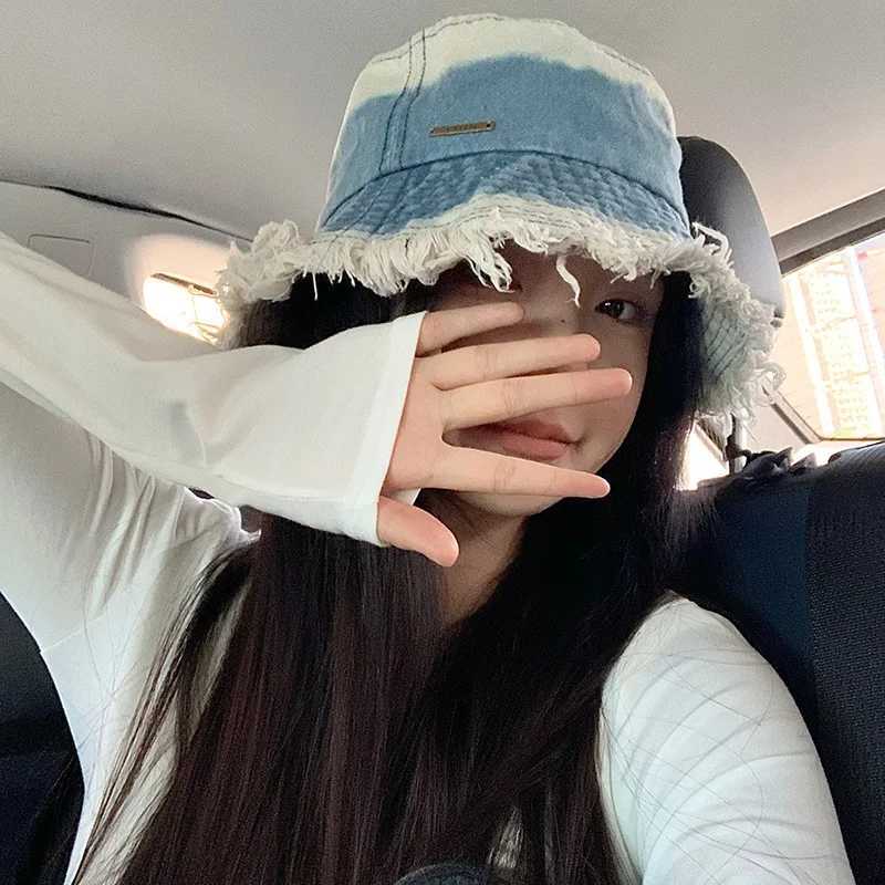 Womens Gradient Denim Fisherman Hat All-season Wide Brim Sun Hat Japanese Big Head Circumference Sun Hat W250217
