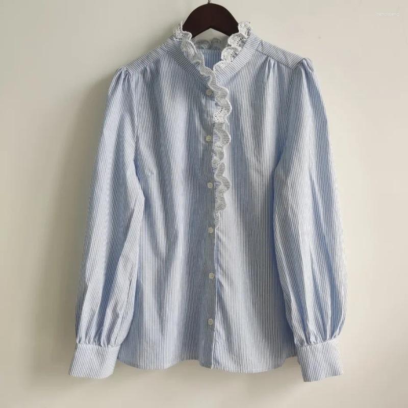 Women's Blouses Women Lace Embroidery Shirt White Or Stripes Ruffled Collar Long Sleeve Elegant Chemise 2025 Autumn Female Blouse