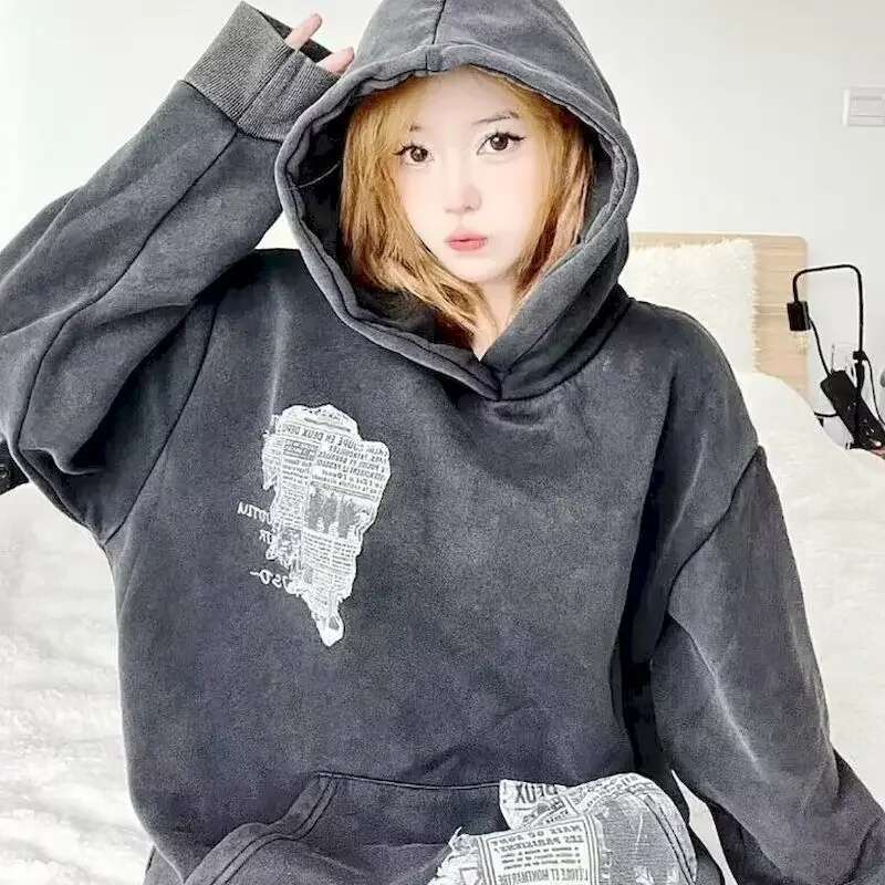Oversized Hoodies Women Washed Old Newspaper Patchwork Hooded Coats Autumn Winter Trend Men's Women's Street Vintage Hoodie Y2k