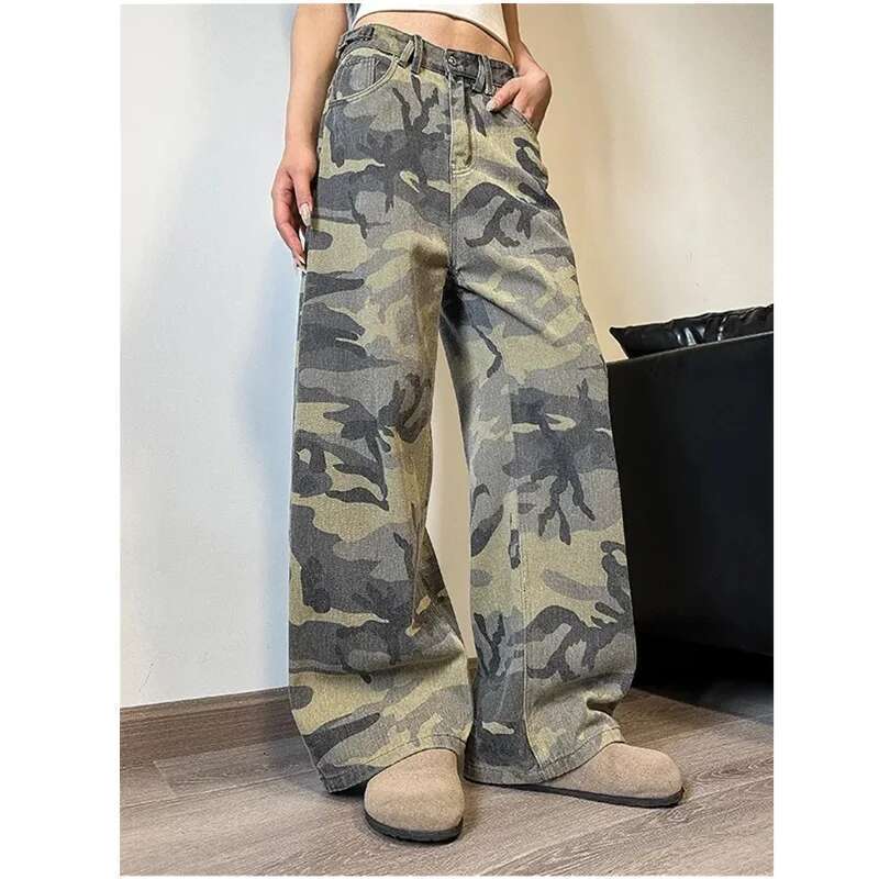 Camouflage Women Hip Hop Vintage High Waisted Jeans Straight Streetwear Casual Loose Large Size Wide Leg Denim Pants
