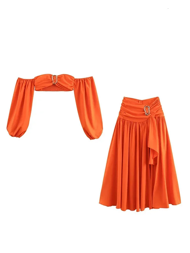 Sexy Bikini Top Skirt Set Women Long Lantern Sleeve Off Shoulder Cropped Tops Pleated Split Skirts 2024 Summer Lady Beach Outfit 250211
