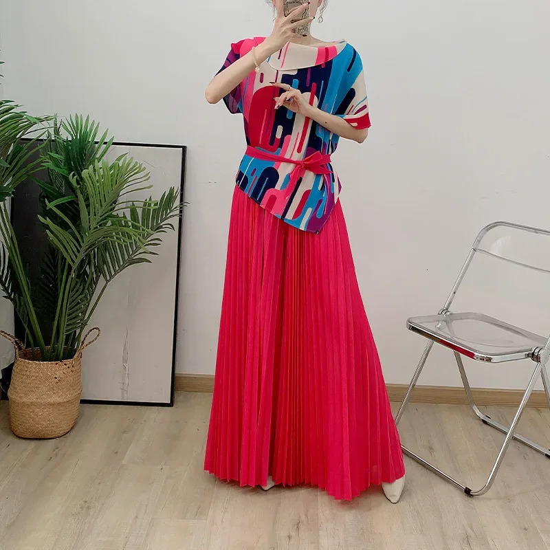 Printed Miyake Pleated Pant Sets Women Contrast Color Tops Wide Leg Trousers Elegant Two Piece Sets 2025 2AN5903 250210