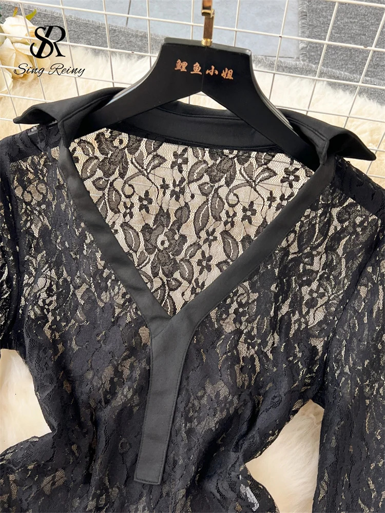 SINGREINY Fashion Lace Sheer Two Pieces Sets Women Lapel Long Sleeves Slim BodysuitsElastic Long Pants Ladies Sexy Sets 250210