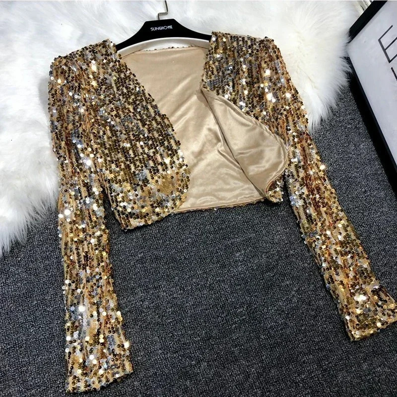 Street Fashion Joker Short Edition Sequins Small Suit Sparkling Bead Piece Suit Small Jacket Tank Top Jazz Dance Performance 250210