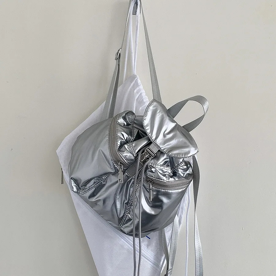 Womens Small Waterproof Nylon Backpacks 2024 Summer Y2K Korean Fashion Silver Backpack Lady Travel Drawstring Back Packs 250122