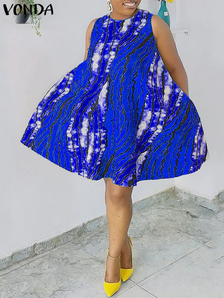 Plus Size Women Summer Dress 2024 VONDA Sleeveless Printed Party Sundress Fashion Short Casual Loose Dresses O Neck Robe 250214