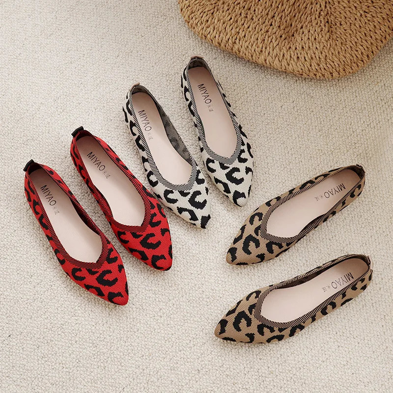 Women Leopard Mesh Casual Shoes Autumn Pointed Hollow Flying Weaving Comfort Light Soft Breathable Knit Flats Zapatos De Mujer 250214