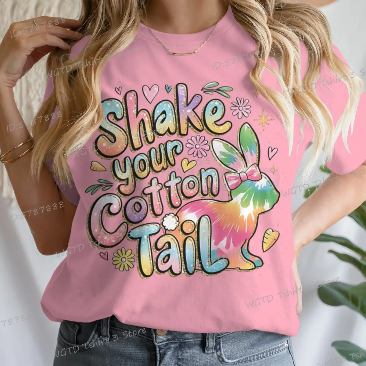 Shake Your Cotton Tail Graphic T Shirts Women Glitter Easter Bunny Short Sleeve T-shirt Happy Easter Gift Colorful Casual Tops 250217
