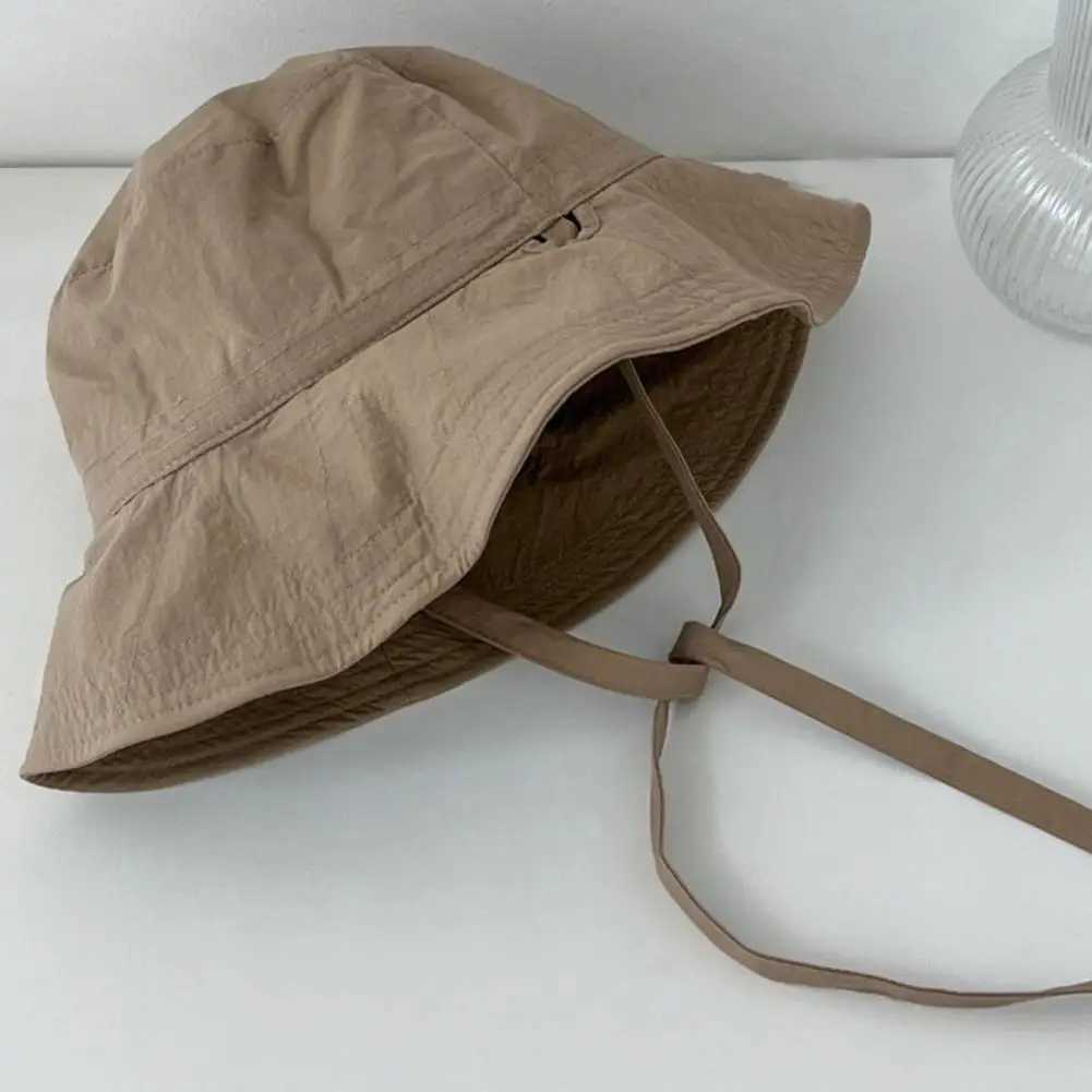 Women Fisherman Hat Windproof Fixed Strap Wide Brim Lady Bucket Hat Solid Color Sunshade Anti-UV Flat Top Foldable Summer Cap W250217