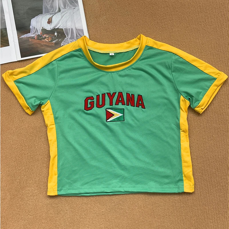 Women Gothic Vintage O Neck Slim Crop Tops Short Sleeve TShirt For Summer Y2k Streetwear GUYANA Letter Print Sporty Baby 250217