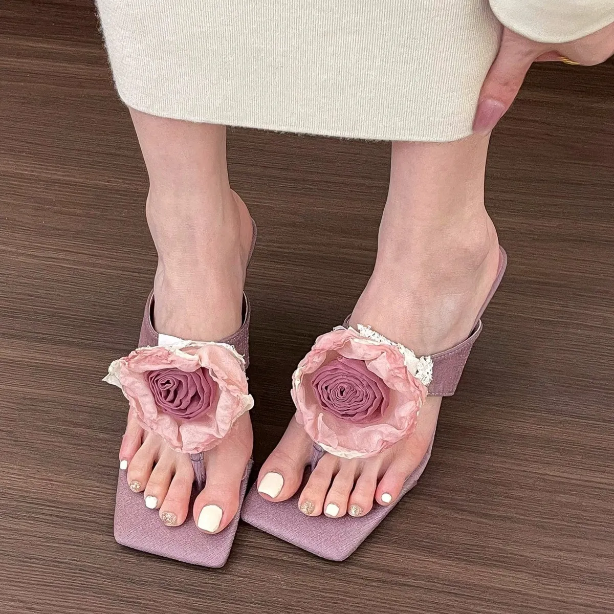 wer Flip ps Summer Thin High Heels Shoes for Women Outside Fashion Ladies Slippers Square Toe Pink Slides Sandals