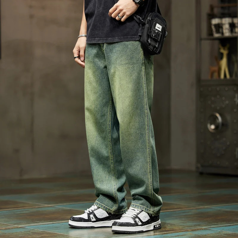 College Boys Loose Casual Pants Retro Blue Street Fashion Splicing Jeans Hiking Wide Leg Baggy Mens Clothing 250214