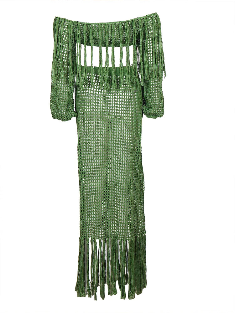 Summer Womens Skirt Two Piece Set Mesh Tassel Beach Dress Sexy Swimwear Coverups 250214