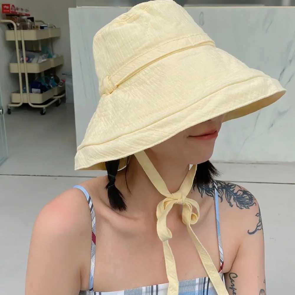 Korean Style Summer Fashion Wide Brim Women Bucket Hat Outdoor Sunshade Hats Solid Color Sun Protection Fisherman Cap Versatile W250217