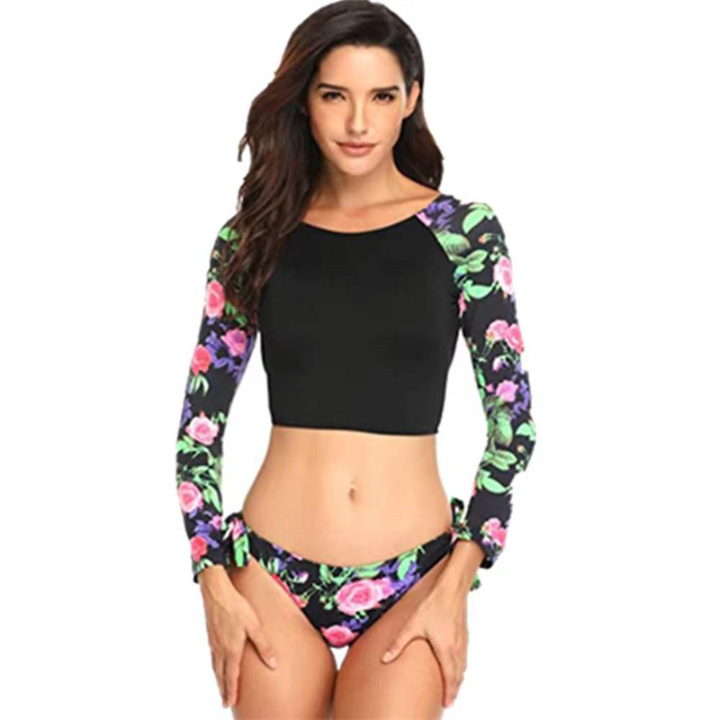 Women Long Sleeve Crop Top Two Piece Cheeky High Cut Thong Bikini Swimsuit Floral Rash Guard Bathing Suit