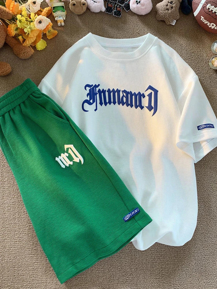 Gmiixder Hip Hop Waffle Casual Suit Men Loose Korean Short-sleeved Shirt Sports Shorts Summer Men Simple Letter Print 2pcs Set 250120