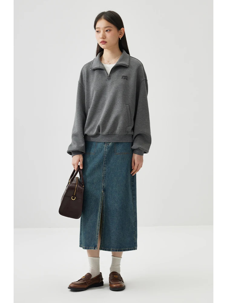 ZIQIAO Petite Cotton Casual Chic Hoodie For Women Spring Semi Zippered Pullover Gray Top 24ZQ91132 250213