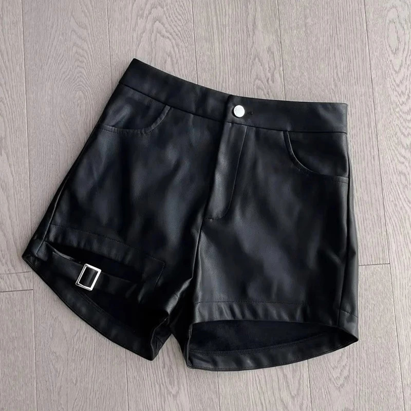 Womens High Waist Shorts Waisted PU Leather Versatile Hollow out Buckle Slim Sexy 250213