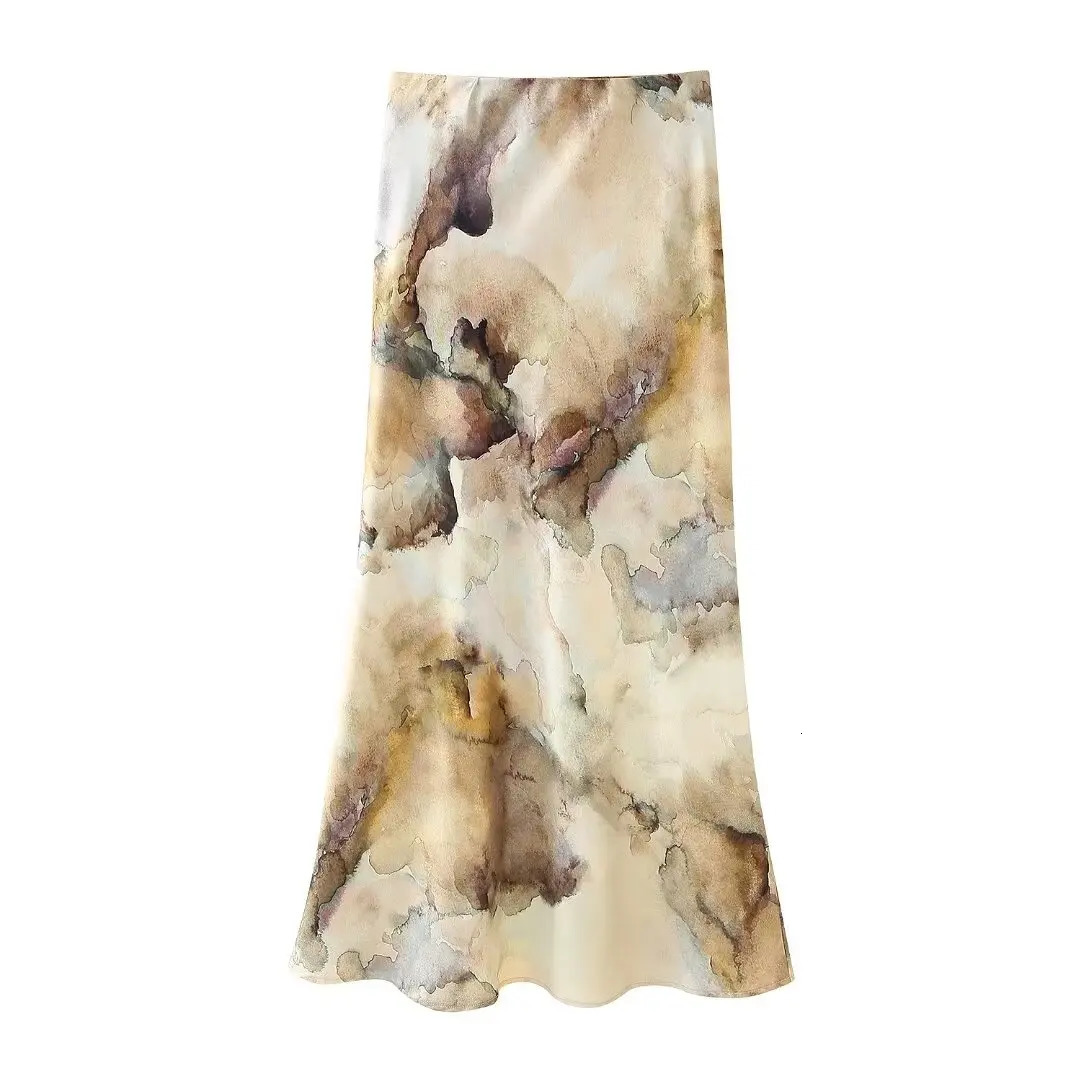 DUOPERI Women Fashion Tie Dye Printed Satin Blouse Midi Skirt Sets Chic Lady Casual and Coordinates 250214