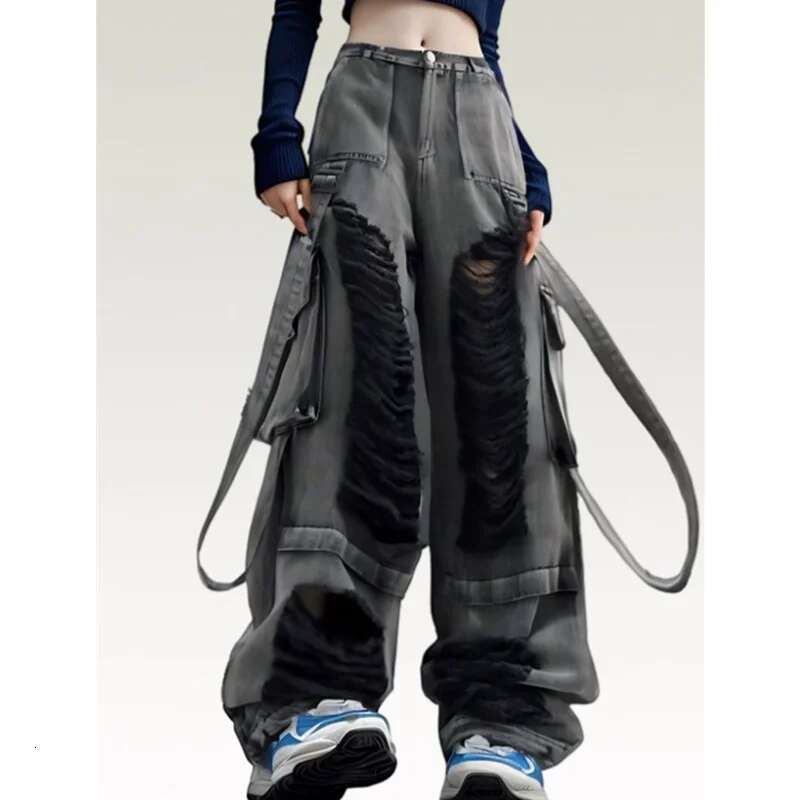 Grey Womens Ripped Jeans High Waist Vintage Classic Straight Baggy Pants Street Y2k American Style Wide Leg Denim Trouser