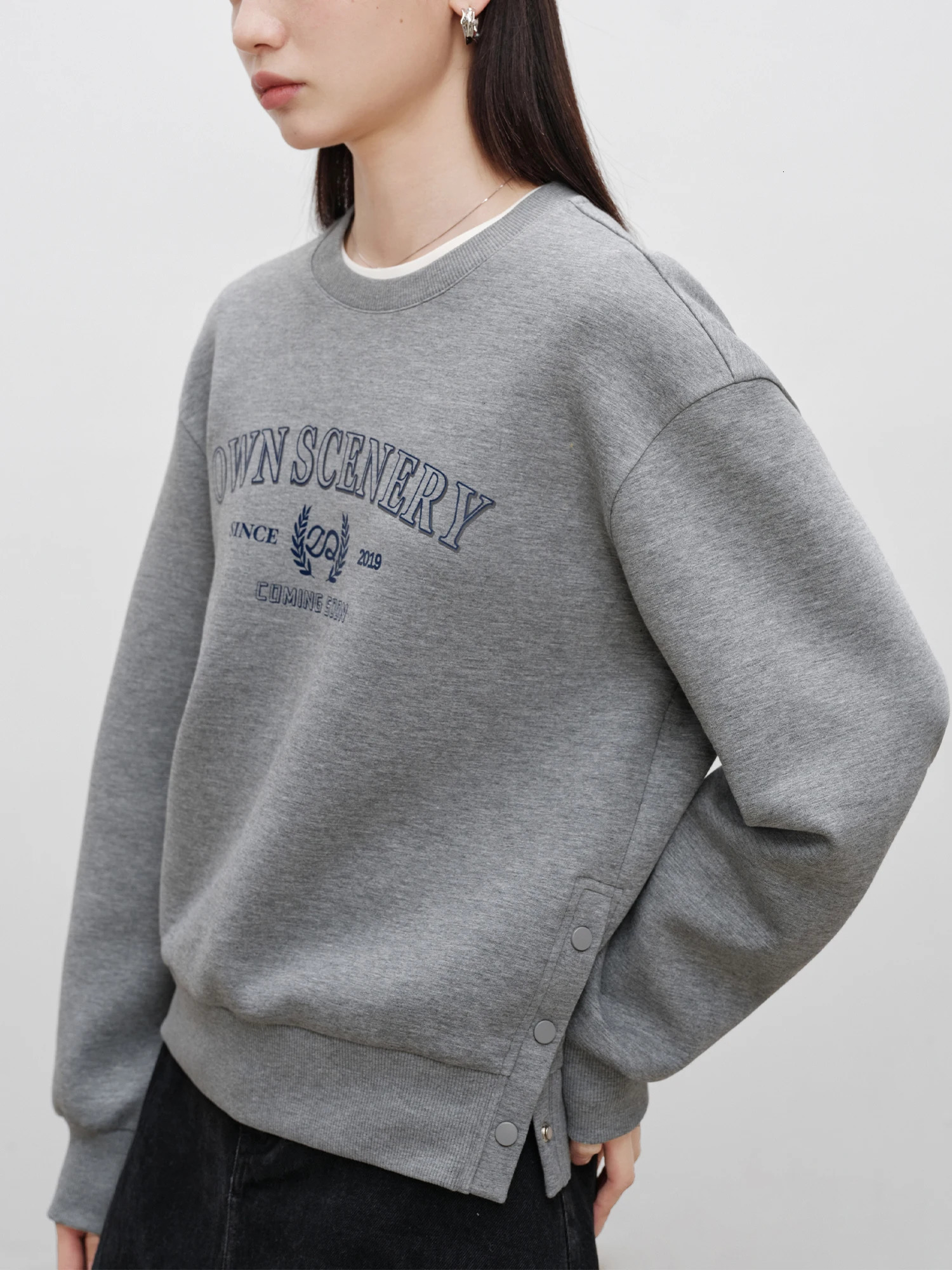 ZIQIAO Women Sweatshirts Letter Print Retro Casual Female Grey Pullover Sweatshirt Drop Sleeve Navy Blue Winter Tops 24ZQ94295 250213