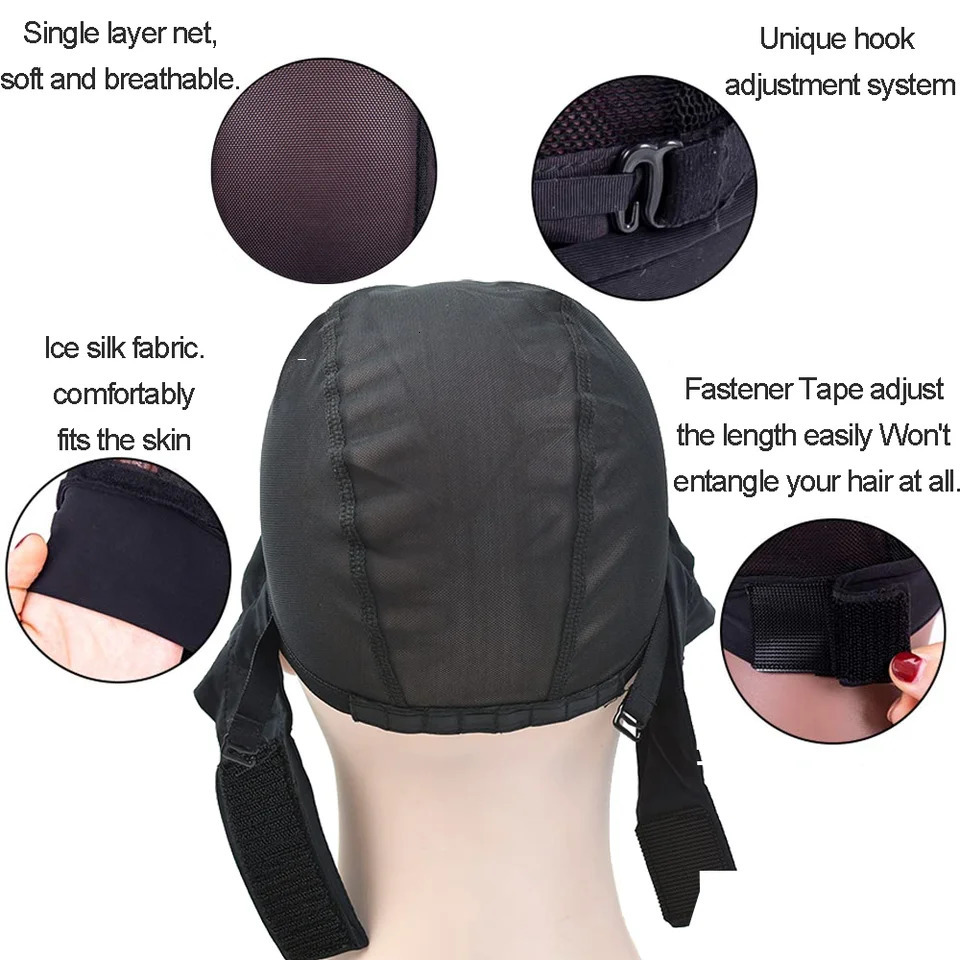 2 Pcs Headband Wig Caps Adjustable Mesh Wig Grip Cap Ice Silk Material for Making Headband Wigs with Adjustable Hook 6pcs Clips 250214