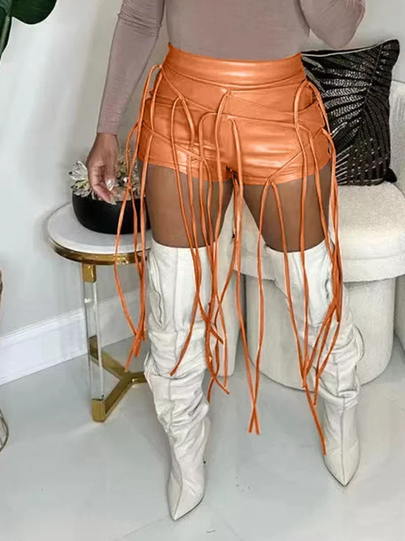 KEXU Sexy PU Leather Rope Tassle Decoration Bodycon Shorts Streetwear Fashion Clothes Club High Waist Women 250213