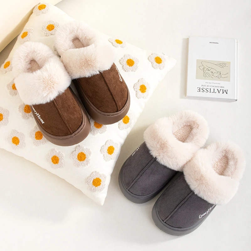 Queeyhome Winter Women Flat-Bottomed Plush Commute Solid Color Versatile Cotton Slippers Warm Cozy Indoor-Outdoor Man Shoes 250213