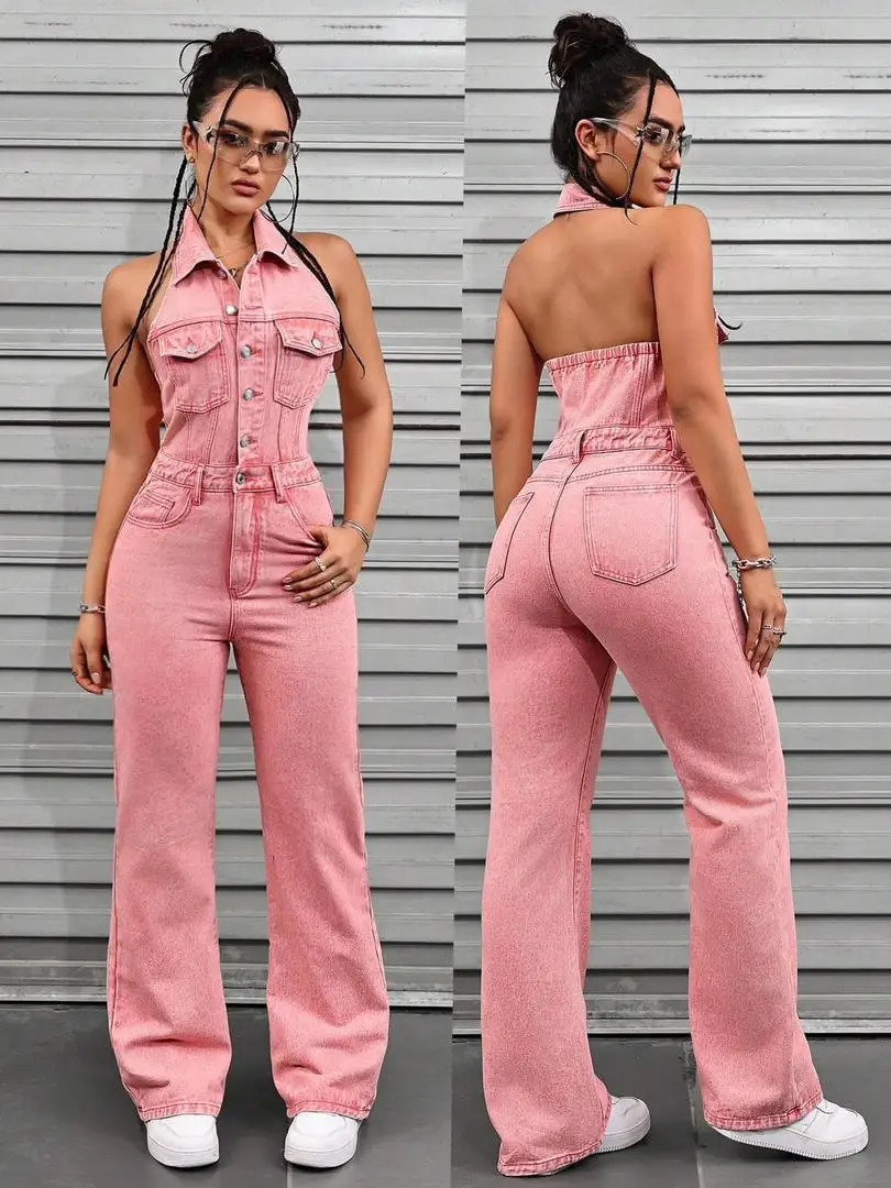 Pink Jeans Cargo Jumpsuit Sexy Women Halter Elegant Denim Stretch Casual Overalls Romper 250122