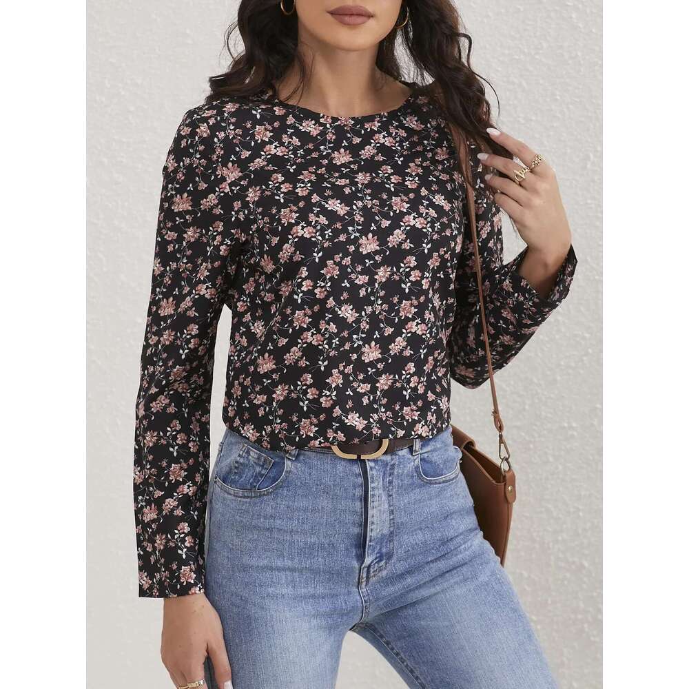 Ladies Ral Print Crew Neck Casual Long Sleeve Blouse Women Tops Shirts